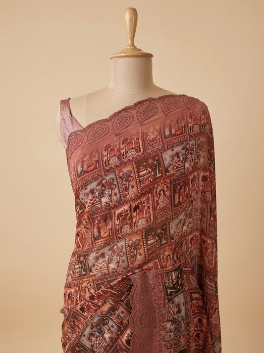 Peach Georgette Saree With Unstitched Blouse
