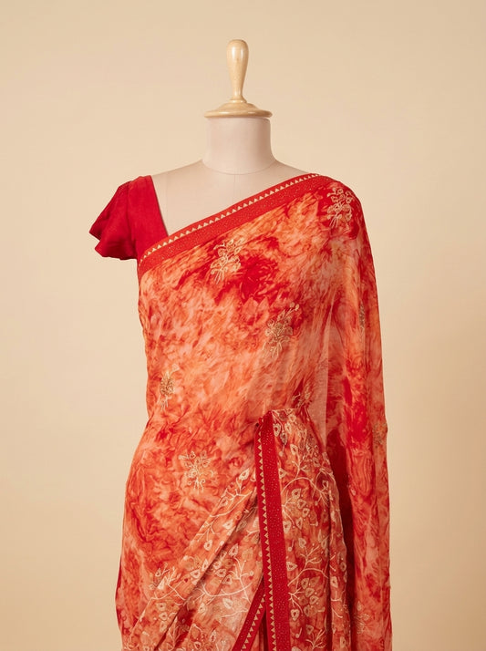 Coral Georgette Brasso Saree With Unstitched Blouse