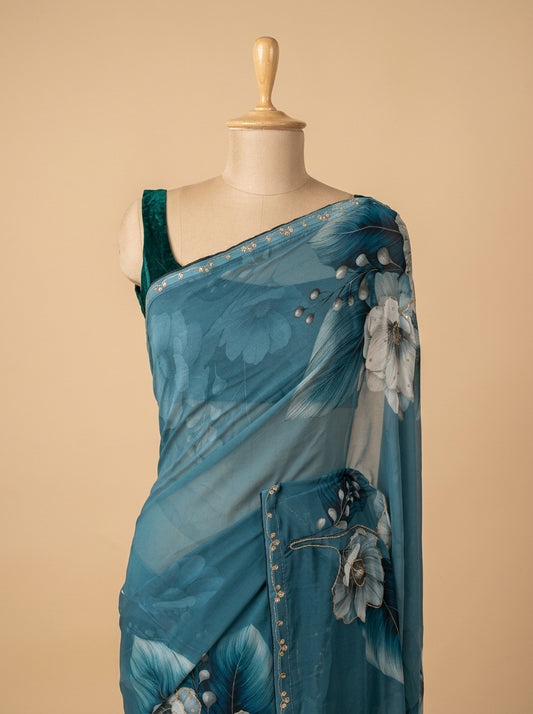 Mint Green Georgette Saree With Unstitched Blouse