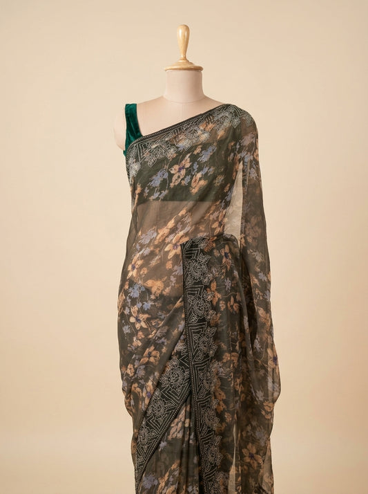 Mehndi Shimmer Saree With Unstitched Blouse