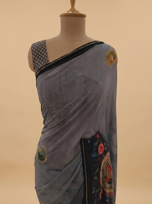 Grey Georgette Saree With Unstitched Blouse