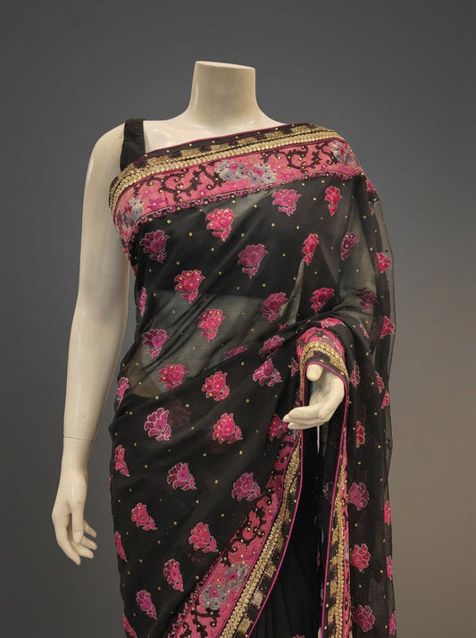 Black Chiffon Embroidered Saree With Unstitched Blouse
