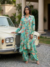 Sea Green Crepe Readymade Sharara Set With Chiffon Dupatta