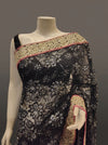 Black Lace Jacquard Crepe Embroidered Saree With Unstitched Blouse