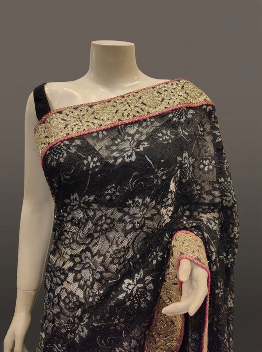 Black Lace Jacquard Crepe Embroidered Saree With Unstitched Blouse