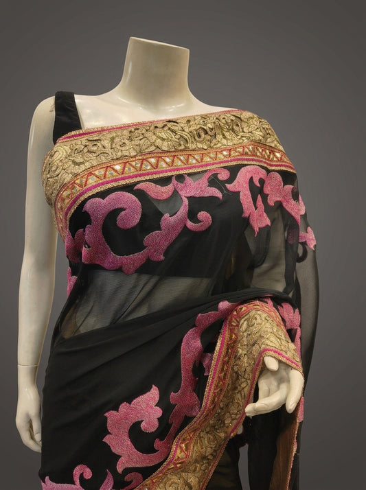 Black Chiffon Embroidered Saree With Unstitched Blouse