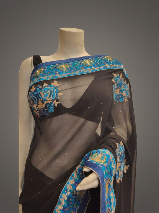 Black Chiffon Embroidered Saree With Unstitched Blouse