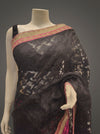 Black Magenta Kota Tussar Embroidered Saree With Unstitched Blouse