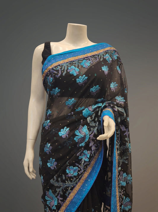 Black Georgette Embroidered Saree With Unstitched Blouse