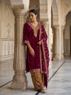 Maroon Velvet Readymade Suit Set With Velvet Dupatta