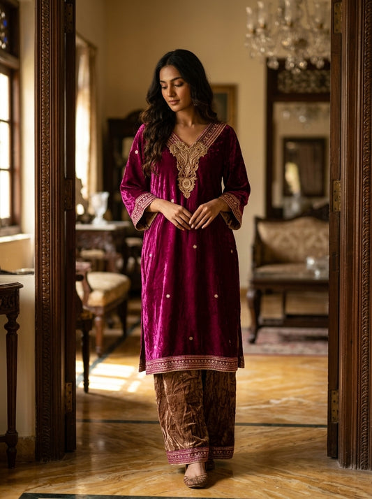 Maroon Velvet Readymade Suit Set With Velvet Dupatta