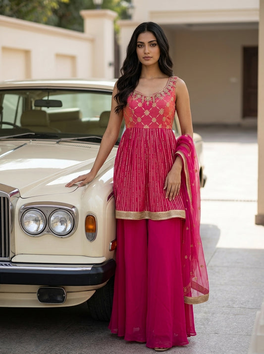 Rani Georgette Readymade Sharara Set With Net Dupatta