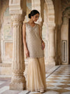 Off White Georgette Readymade Sharara Set With Net Dupatta