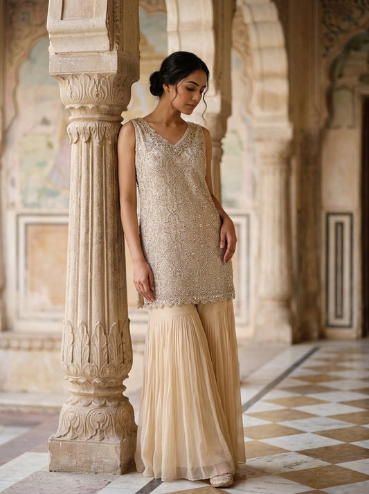 Off White Georgette Readymade Sharara Set With Net Dupatta