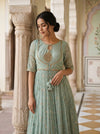 Tea-Green Georgette Readymade Sharara Set With Net Dupatta