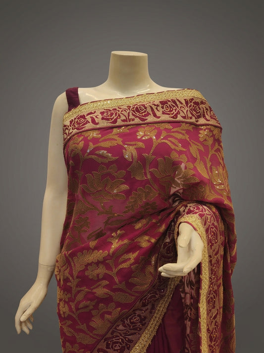 Garnet Georgette Embroidered Saree With Unstitched Blouse
