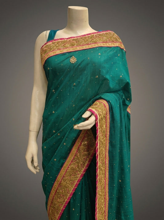 Rama Tussar Embroidered Saree With Unstitched Blouse