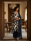 White & Black Crepe Readymade Suit Set With Chiffon Dupatta