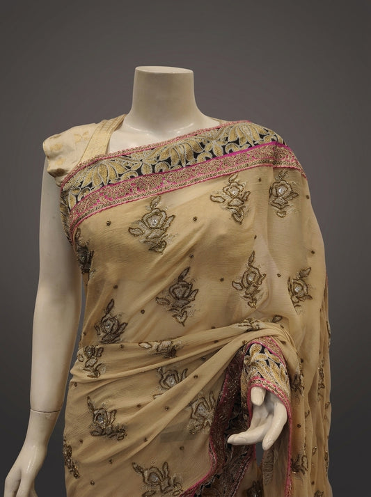 Tussar Chiffon Embroidered Saree With Unstitched Blouse