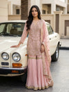 Peach Georgette Readymade Sharara Set With Net Dupatta