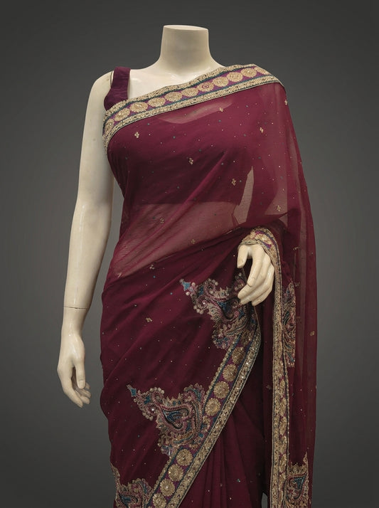 Garnet Chiffon Embroidered Saree With Unstitched Blouse