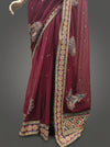 Garnet Chiffon Embroidered Saree With Unstitched Blouse