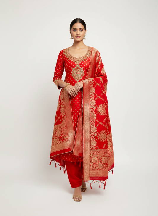 Grace Redefined Red Unstitched Salwar Kameez with Woven Zari, Dabka Work & Dolna Dupatta