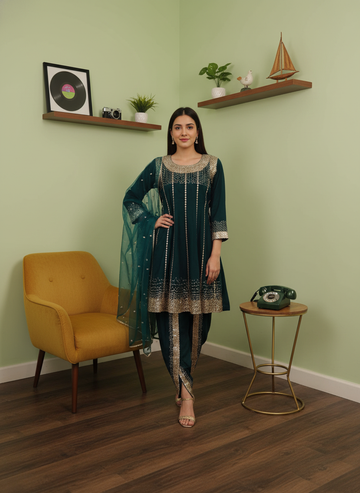 Bottle Garnet Cotton Readymade Suit With Dhoti Style Pant & Net Dupatta