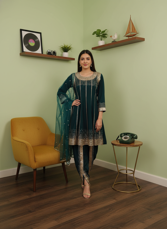 Bottle Garnet Cotton Readymade Suit With Dhoti Style Pant & Net Dupatta