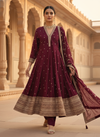 Heritage Heirloom Maroon Chinon Readymade Suit And Plazzo With Chinon Dupatta