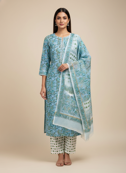 Blue Grey Cotton Unstitched Salwar Suit With Cotton Dupatta
