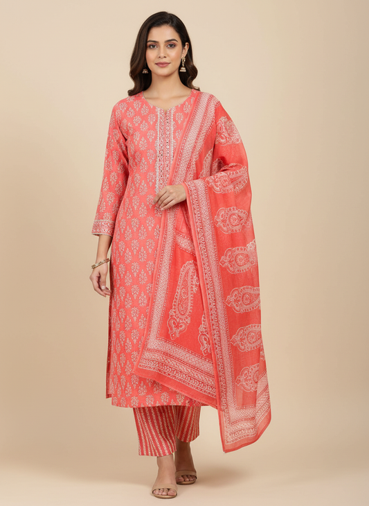 Coral Cotton Unstitched Salwar Suit With Cotton Dupatta