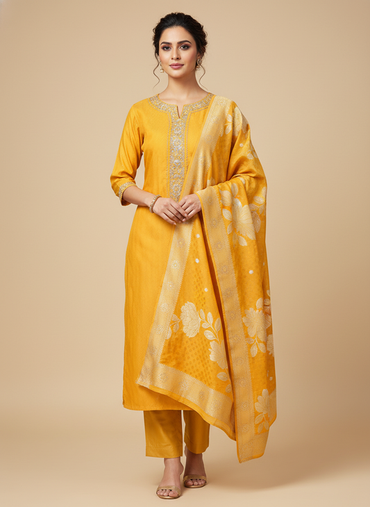 Mustard Organza Tissue Unstitched Salwar Suit With Organza Tissue Dupatta