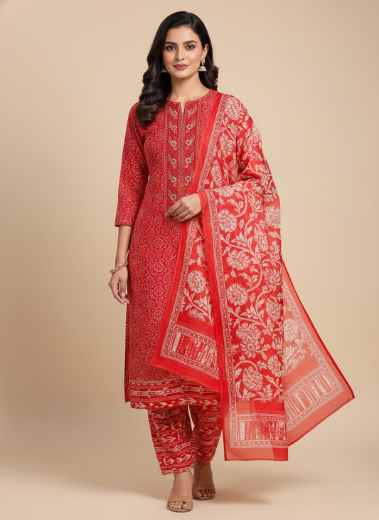 Maroon Cotton Unstitched Salwar Suit With Cotton Dupatta