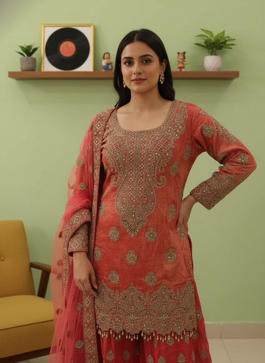 Dark Gajari Shimmer Readymade Sharara Set With Net Dupatta