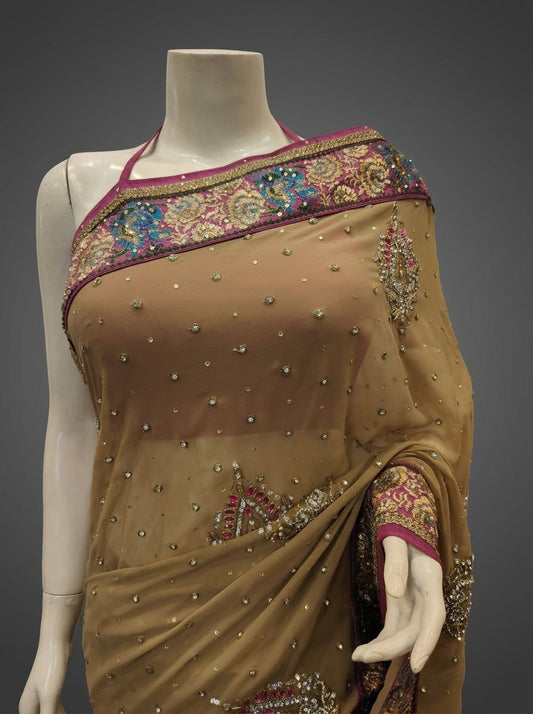 Tussar Georgette Embroidered Saree With Unstitched Blouse