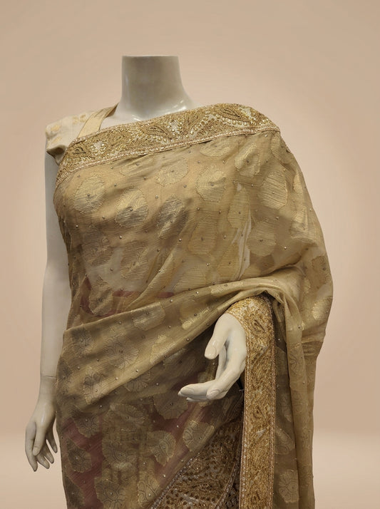 Tussar Rani Foil Net Embroidered Saree With Unstitched Blouse