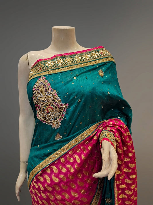 Rama Banarasi Silk Embroidered Saree With Unstitched Blouse