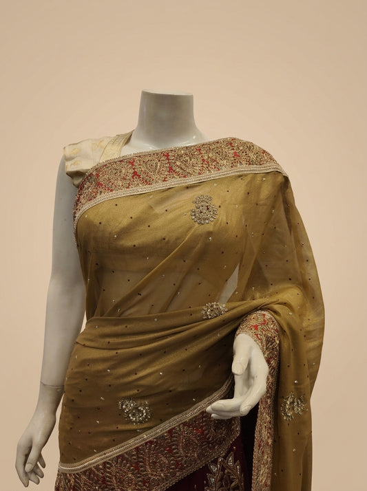 Red And Chikoo Foil Net Embroidered Lehenga Saree With Unstitched Blouse