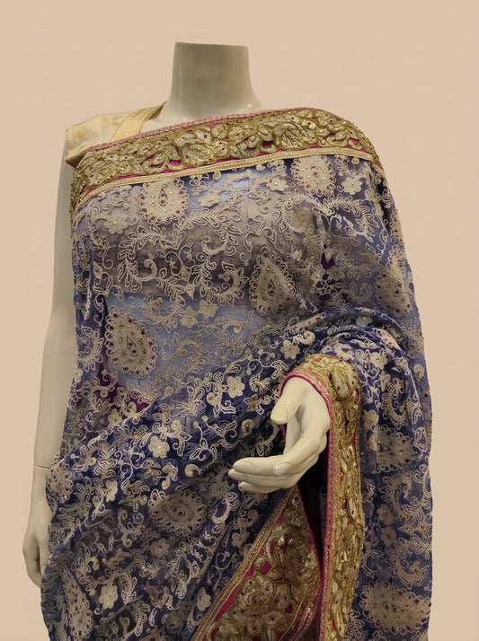 Royal Tussar Net Embroidered Saree With Unstitched Blouse