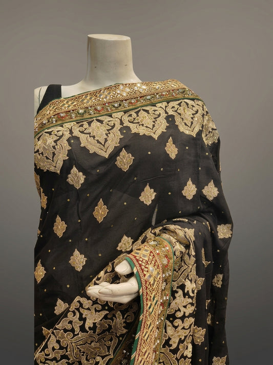 Black Crepe Embroidered Saree With Unstitched Blouse
