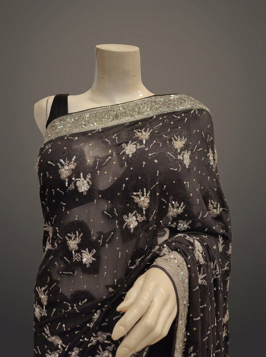 Black Georgette Embroidered Saree With Unstitched Blouse