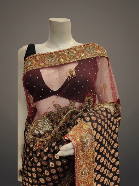 Black Upada Silk Embroidered Saree With Unstitched Blouse