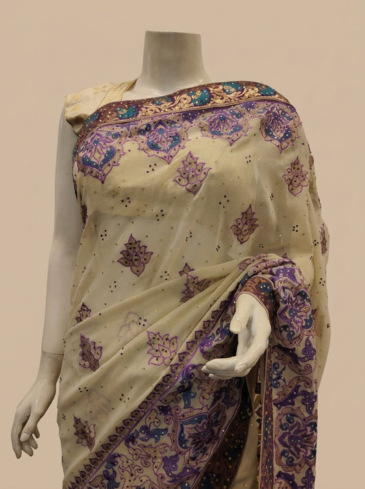 Tussar Chiffon Embroidered Saree With Unstitched Blouse