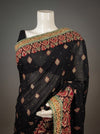 Black Crepe Embroidered Saree With Unstitched Blouse