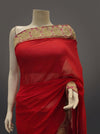 Red Georgette Embroidered Saree With Unstitched Blouse