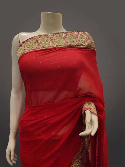 Red Georgette Embroidered Saree With Unstitched Blouse