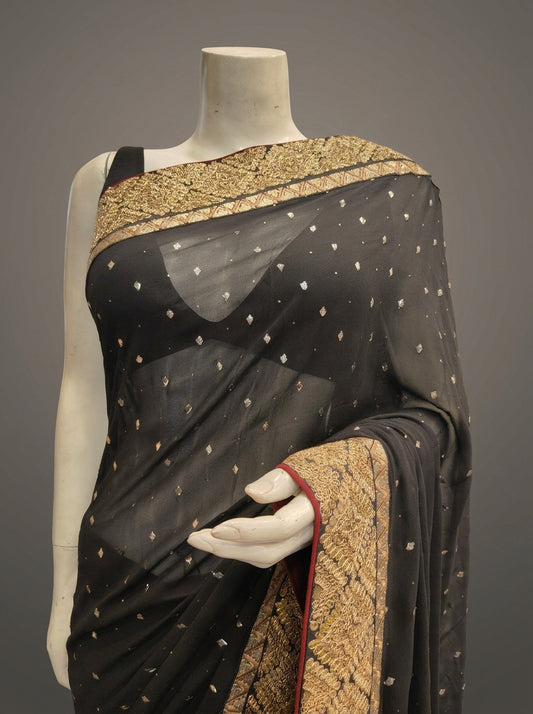 Black Georgette Embroidered Saree With Unstitched Blouse