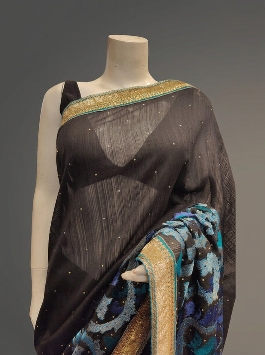 Black Tussar Embroidered Saree With Unstitched Blouse