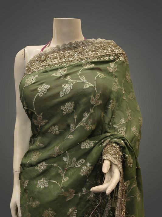 Mehndi Organza Embroidered Saree With Unstitched Blouse
